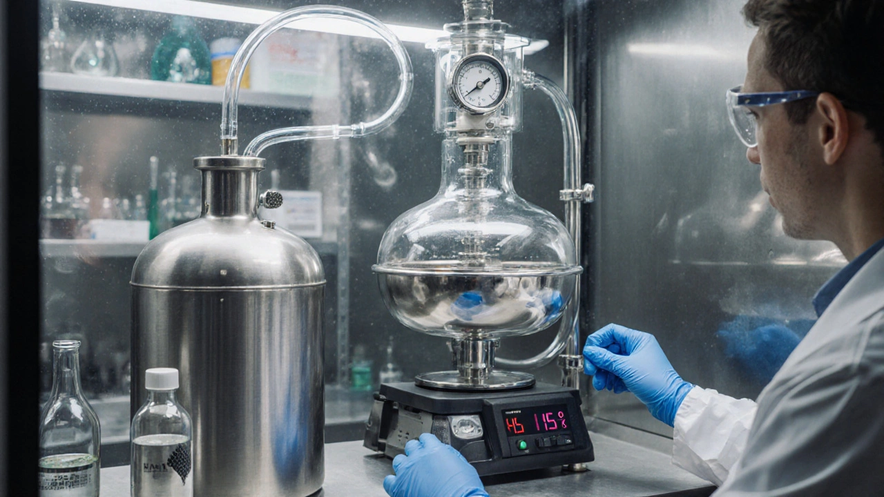 Laboratorní scéna s tlakovou nádobou, vodíkovým válcem, etanolem a technikem v ochranném vybavení.