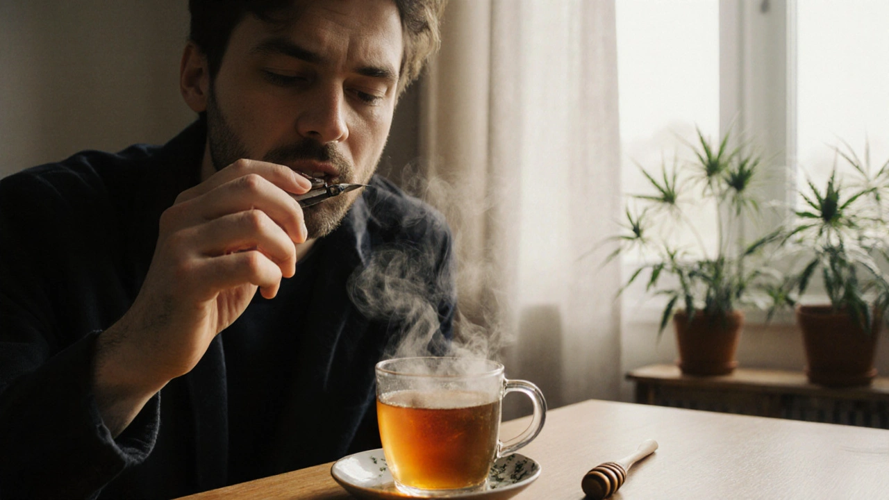 Osoba užívá CBD hash pod jazyk, vedle ní čaj a med.