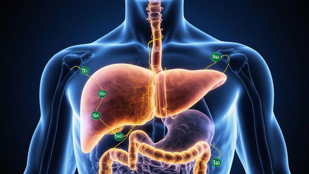 Přehledné znázornění játry přeměňující THC na silnější metabolit v těle, s tóny zlata a modři.