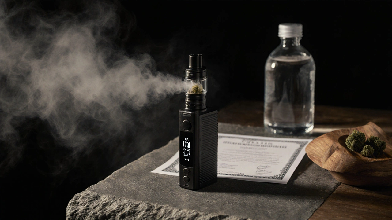 Vapeř s teplotou 170°C uvolňuje páru z CBD hash, vedle certifikát analýzy.