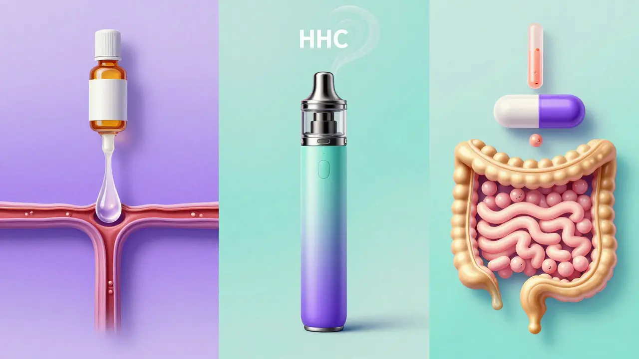 Tři cesty účinku HHC: kapky, vape a perorální podání ve stylu anatomického výkresu.