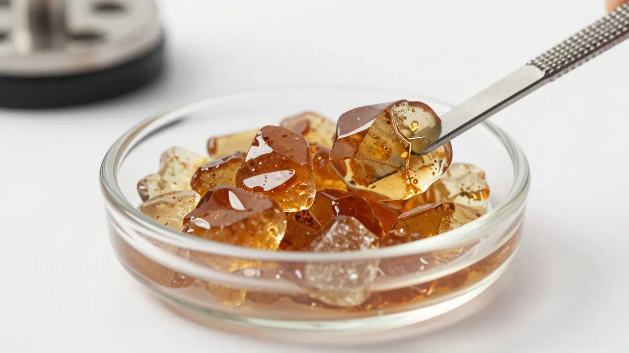 Průhledný CBD shatter v skleněné nádobce s jemným zlomením