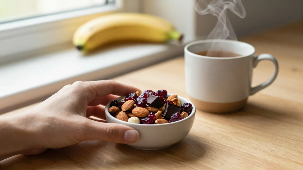 Ruka klade domácí trail mix do mísy vedle horkého čaje na dřevěném stole.