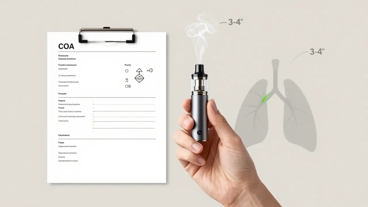 CBD vape zařízení vedle laboratorního potvrzení čistoty, s ukázkou správného vdechování.