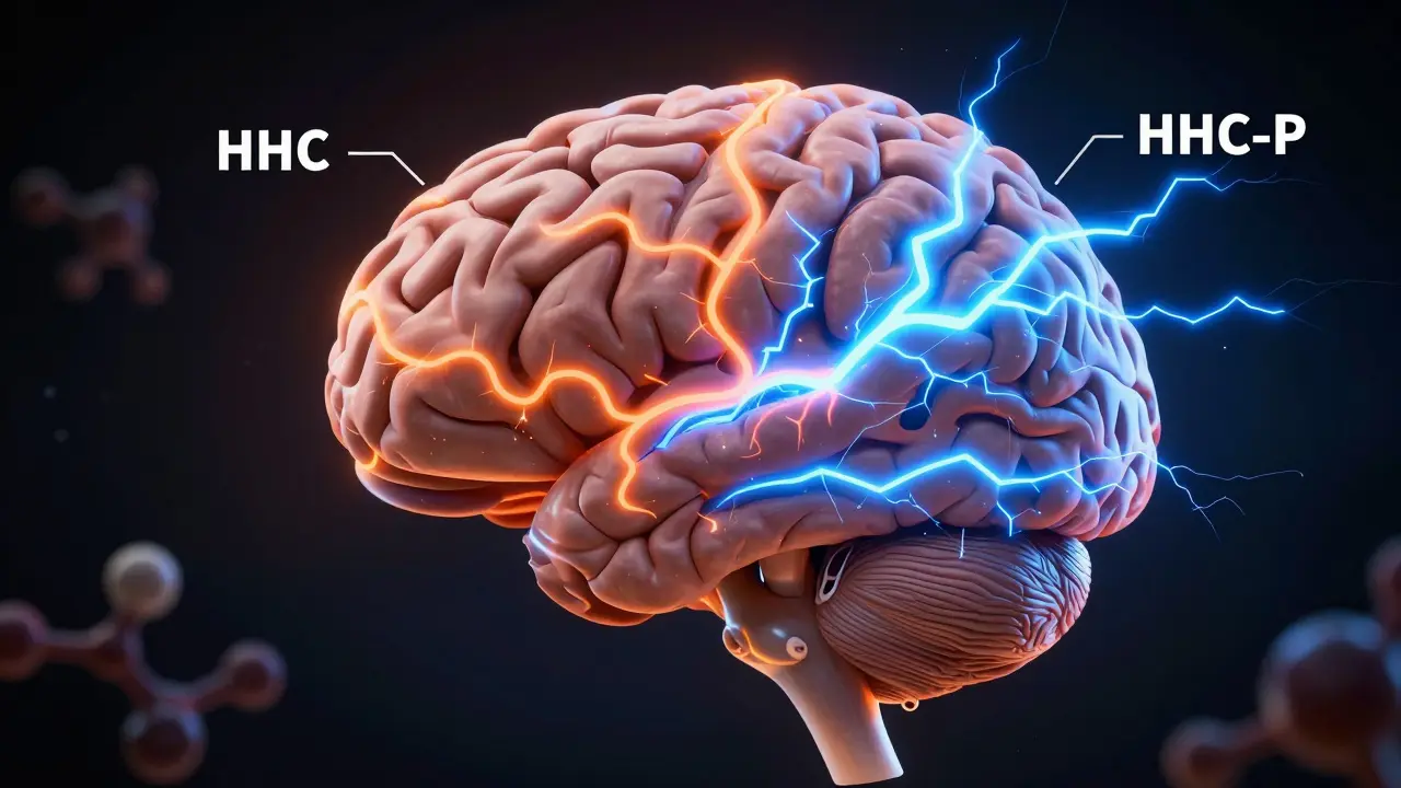 Člověkův mozek s dvěma různými cestami neuronové aktivity: klidná pro HHC a intenzivní pro HHC-P