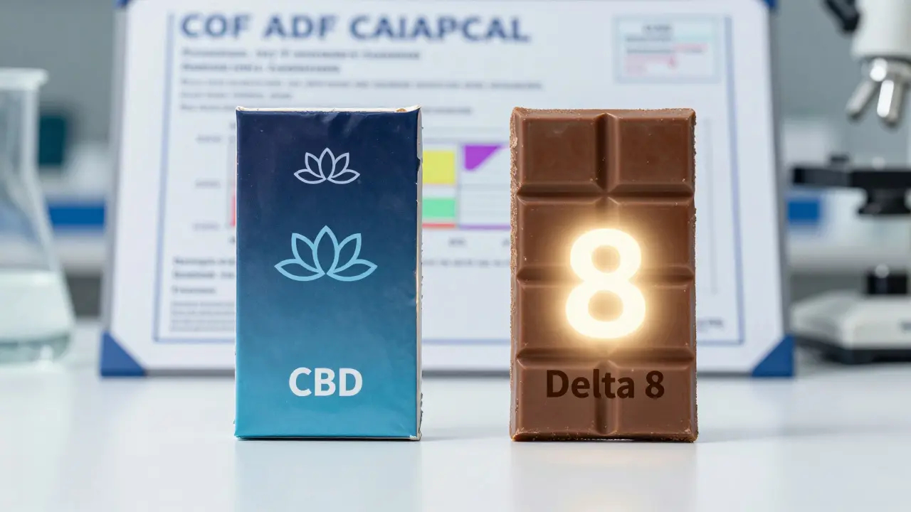 Dva druhy čokolády — CBD a Delta 8 — vedle sebe s laboratorním potvrzením čistoty.