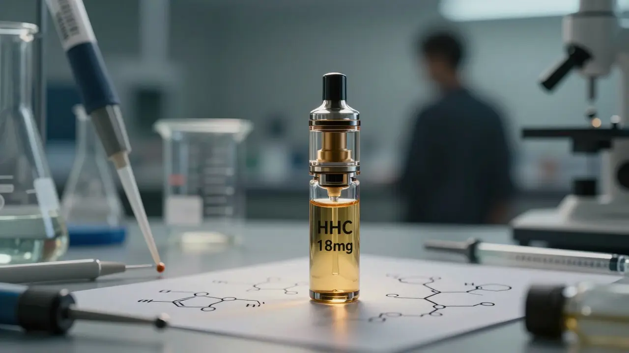 Kapalina HHC v výpustce s chemickou strukturou hexahydrocannabinolu na laboratorním stole.