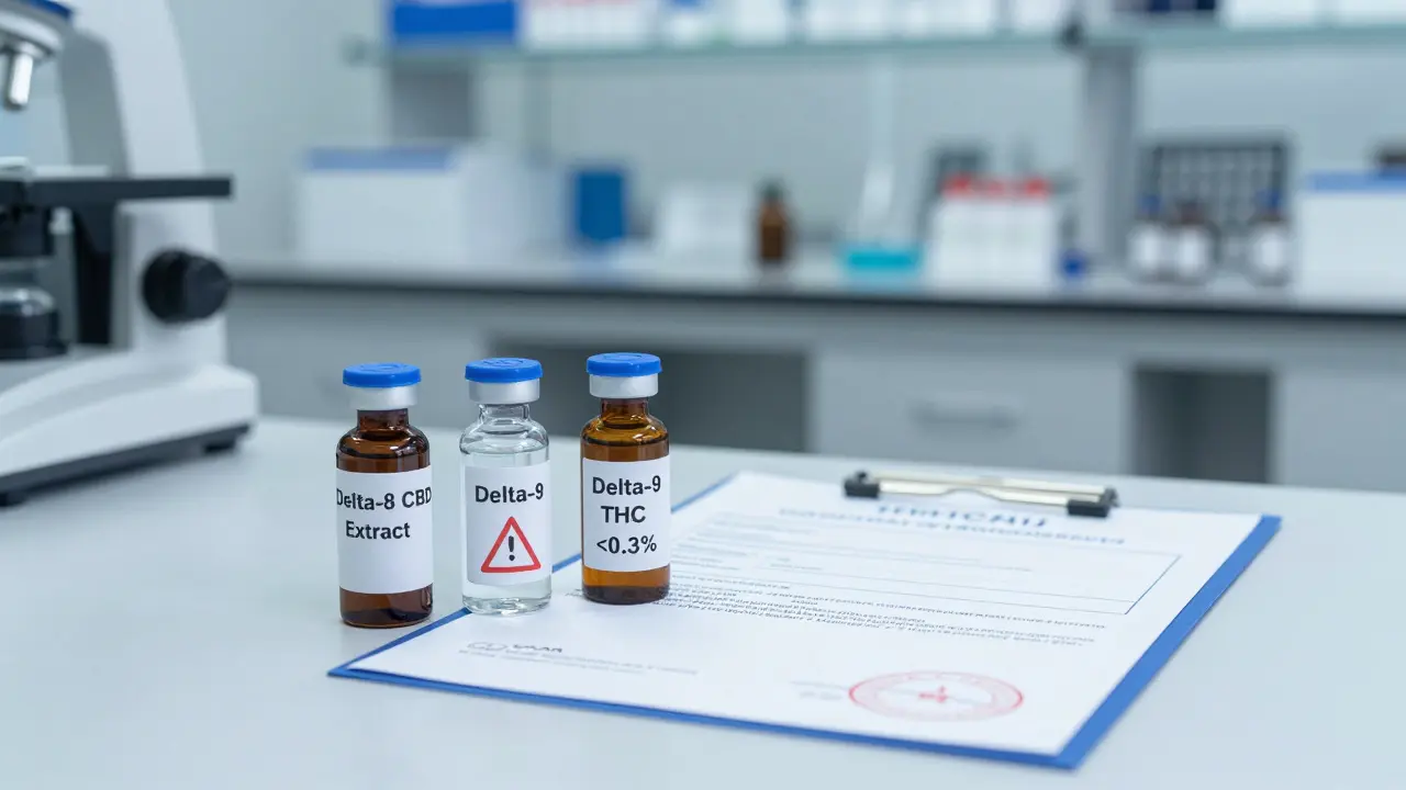 Laboratorní stůl s třemi lahvičkami a certifikátem analýzy, označenými Delta-8, Delta-9 a varováním, v moderním českém výzkumném prostředí.
