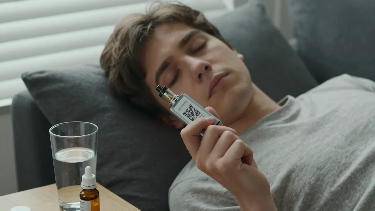 Neoznačený vape a CBD láhev vedle sebe, s poškozeným QR kódem.