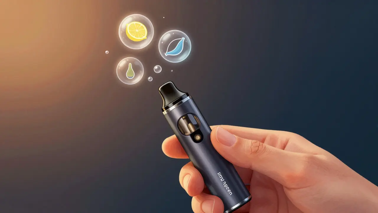 Vape s označenými terpeny, jejichž vliv na náladu je symbolizován barvami.