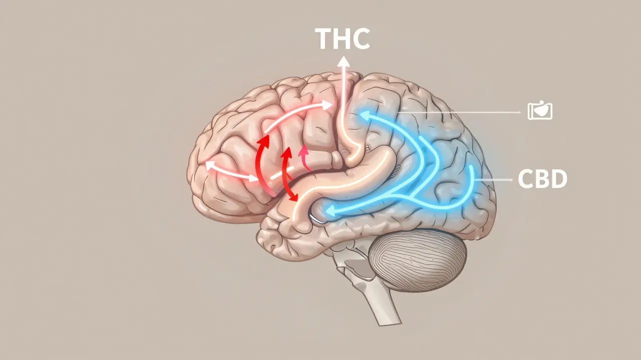 Koncepční obrázek mozku s dvěma cestami: THC vyvolává hlad, CBD podporuje klid a spánek.