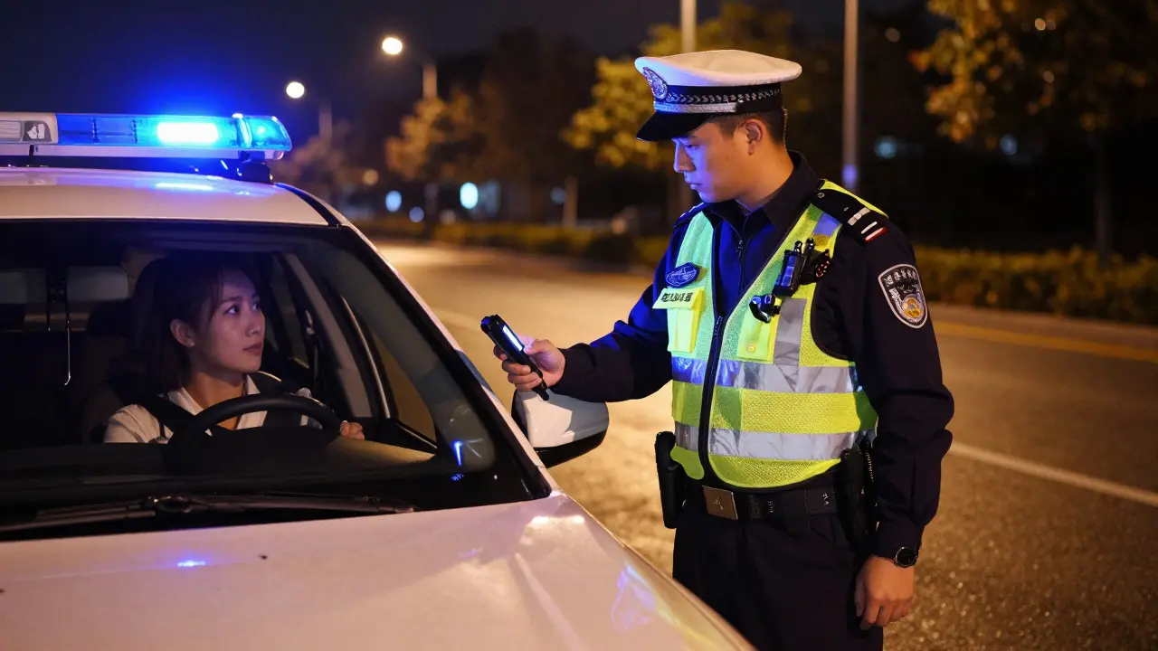 Policie provádí kontrolu řidiče u auta v noci.