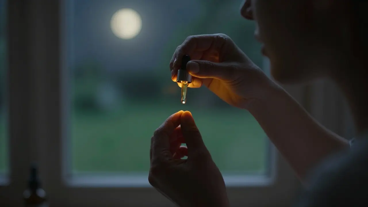 Ruka s kapečkou H4CBD pod jazykem, měsíční světlo a klidná zahrada za ní.
