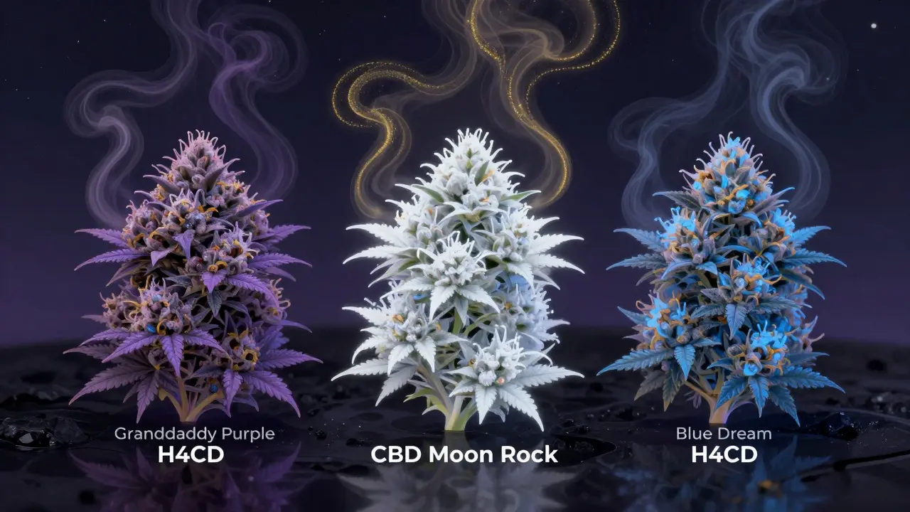 Tři druhy CBD trávy s jemnými parami terpenů a hvězdnou oblohou jako pozadím.
