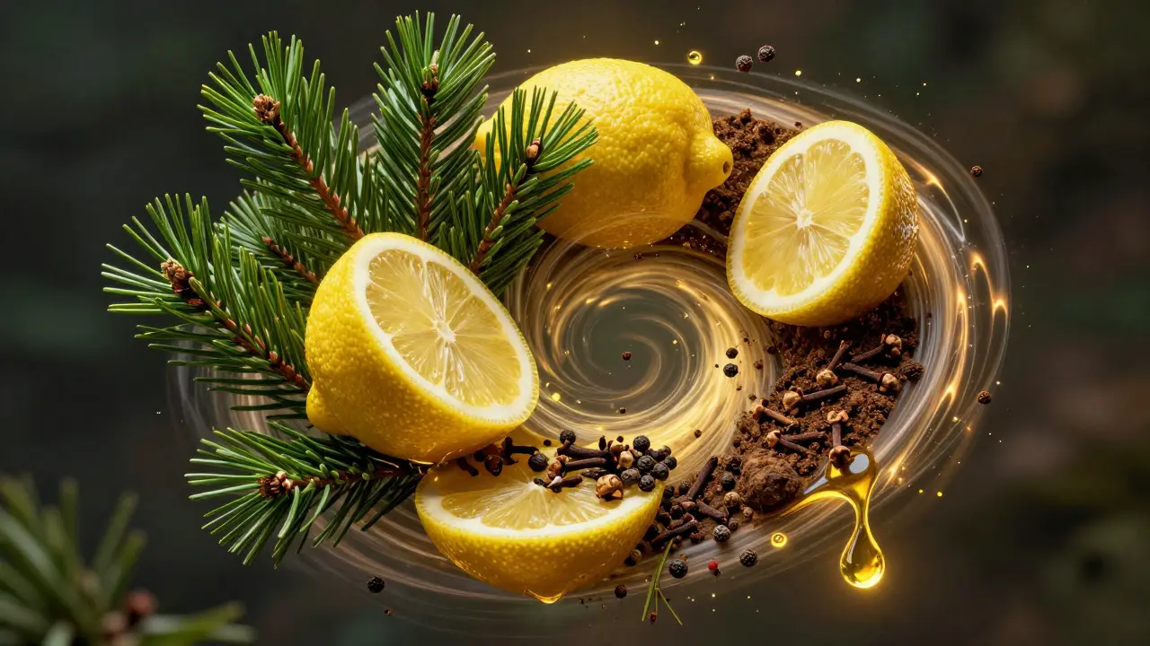 Abstraktní vizualizace terpenů s citrusy, borovicí a pepřem v zlatém proudu.