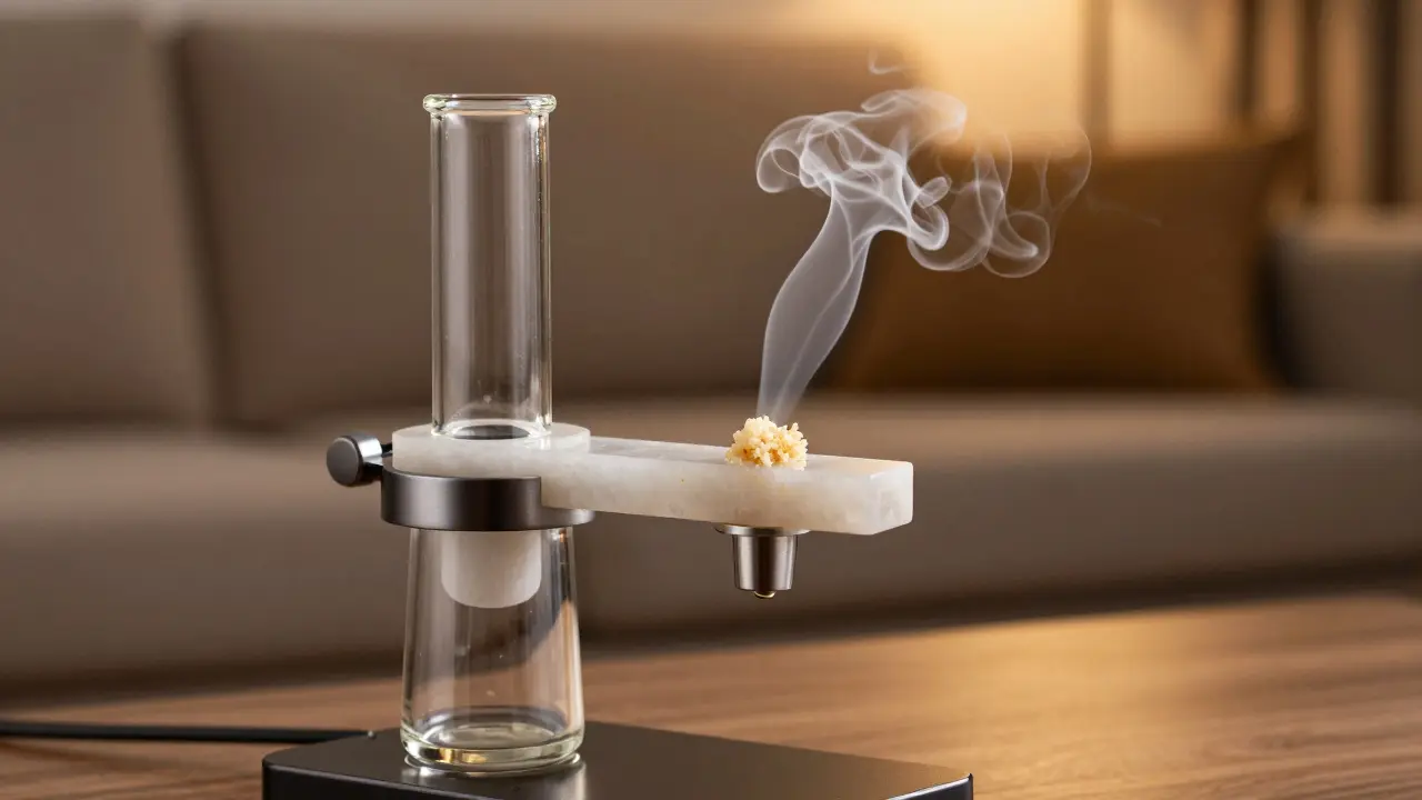 Detail vaporizace CBD crumble v moderním kvartcovém dab rigu.