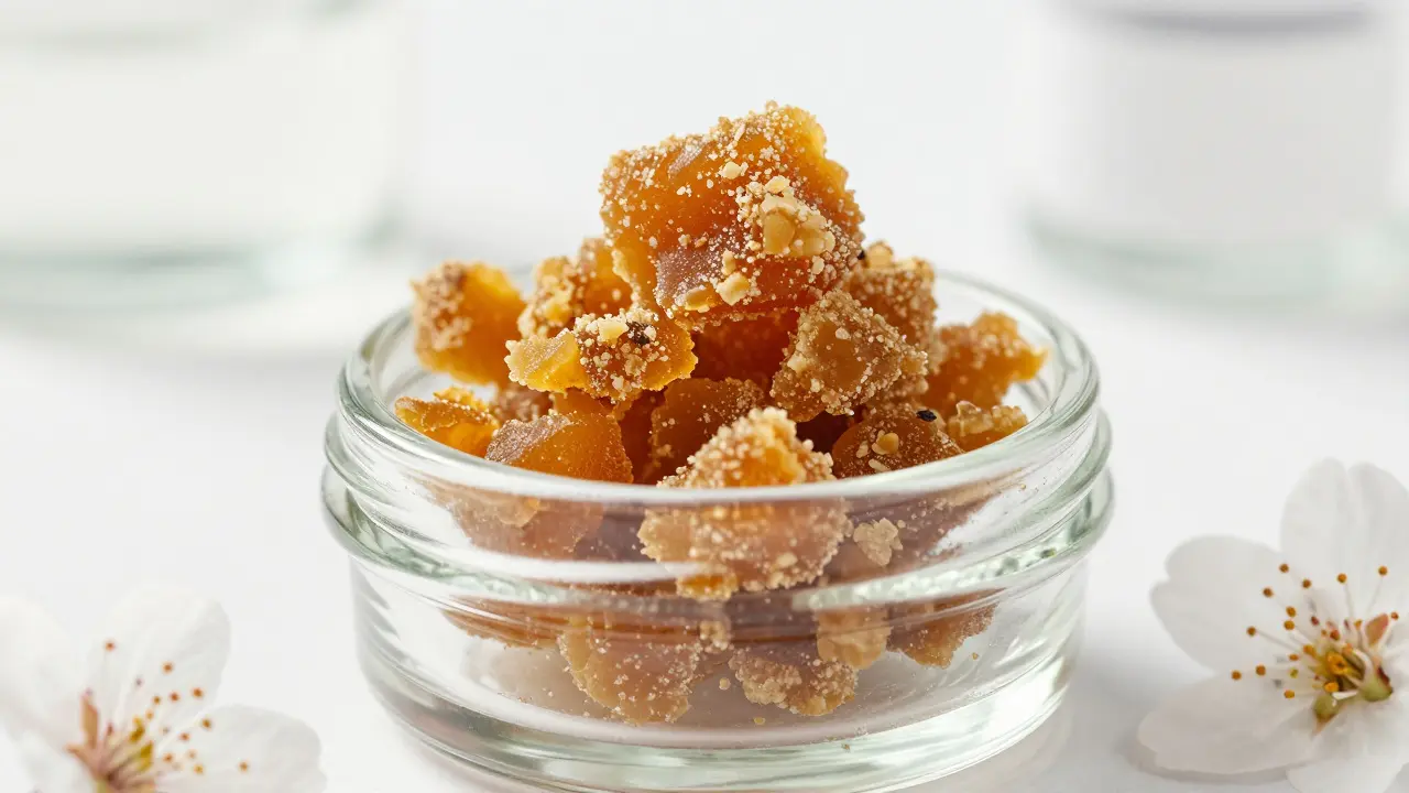 Detail zlatovělého CBD crumble v malé skleněné nádobce s třešňovými květy.