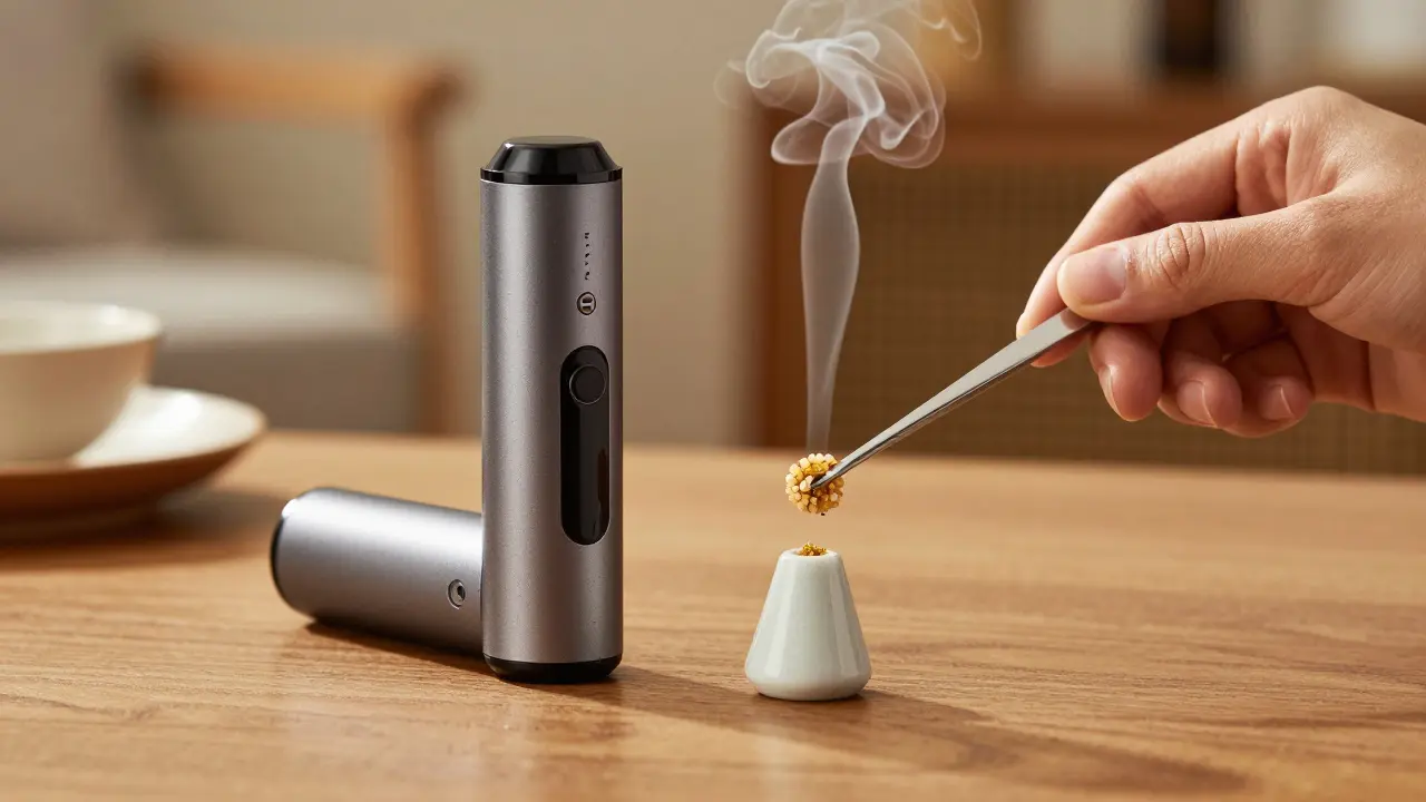 Proces vaporizace CBD crumble pomocí moderního vaporizéru na dřevěném stole.