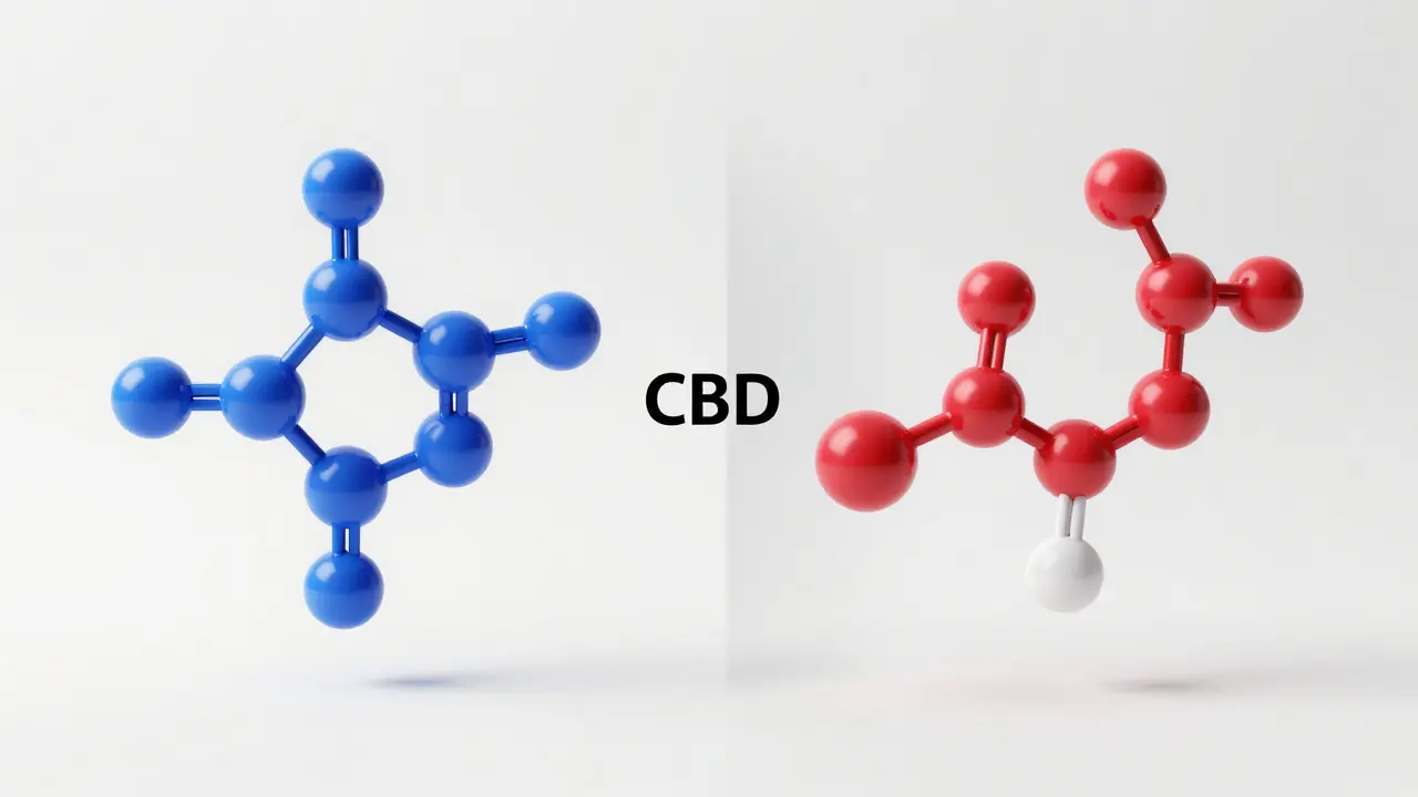 3D ilustrace molekul CBD a Delta-8 ukazující chemické rozdíly