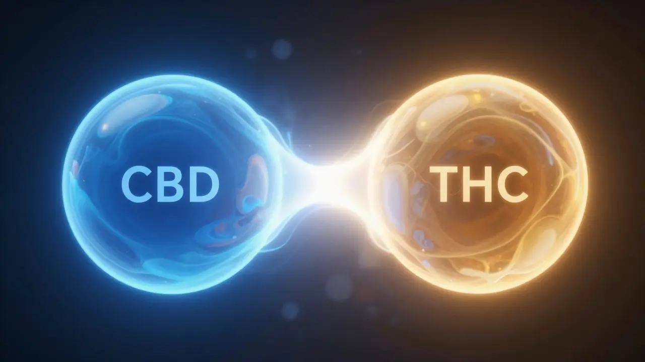 Abstraktní vizualizace synergického efektu mezi modrým CBD a oranžovým THC.