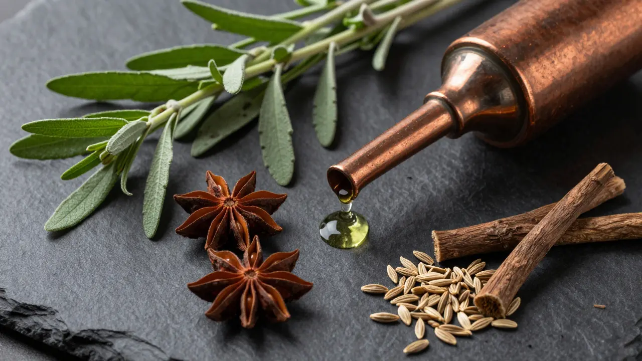 Botanické ingredience pro výrobu absintu na tmavém povrchu
