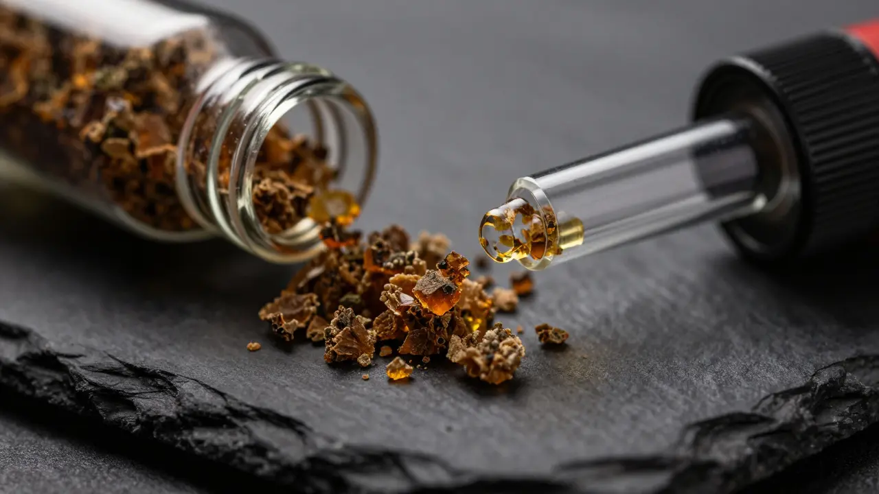 Detailní záběr na CBD crumble vedle parovače na tmavém pozadí.