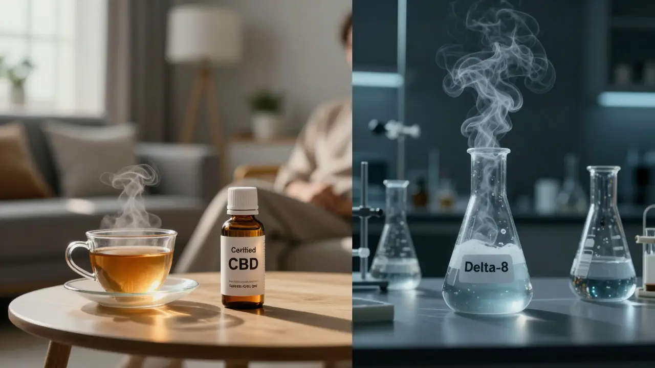 Kontrast mezi bezpečným užíváním CBD a rizikovým syntetickým Delta-8