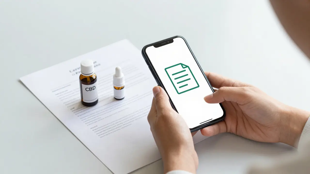Ruce drží telefon vedle lahvičky oleje a dokumentu, symbolizující ověřování kvality produktu.