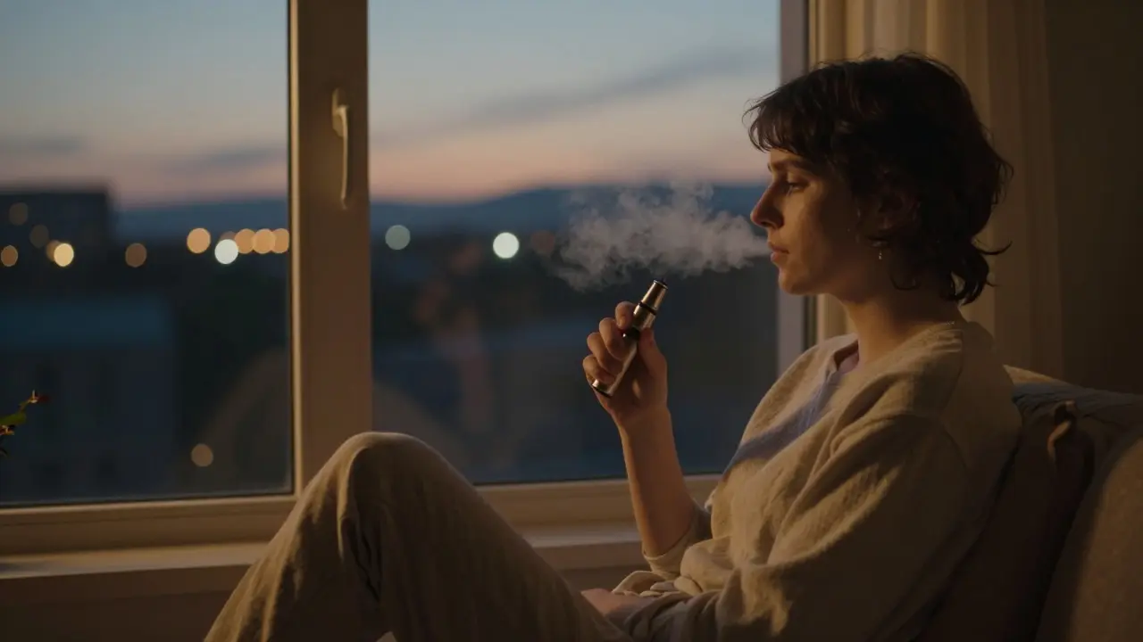 Klidná osoba s vaporizérem u okna večer