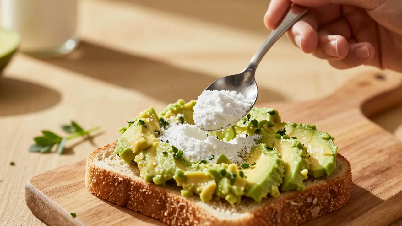 Ruka míchá CBD krystal do avokádového toastu za ranního světla