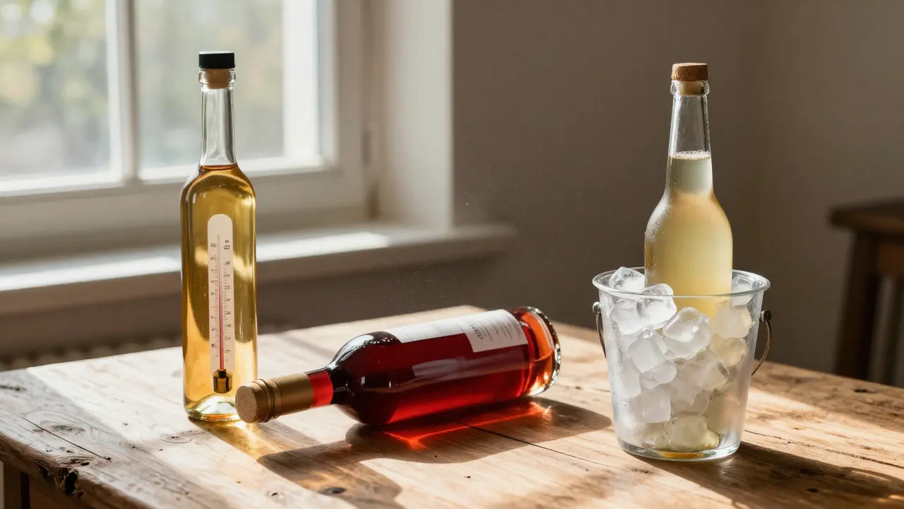 Tři láhve s alkoholem na stole ukazují různé způsoby skladování podle obsahu alkoholu