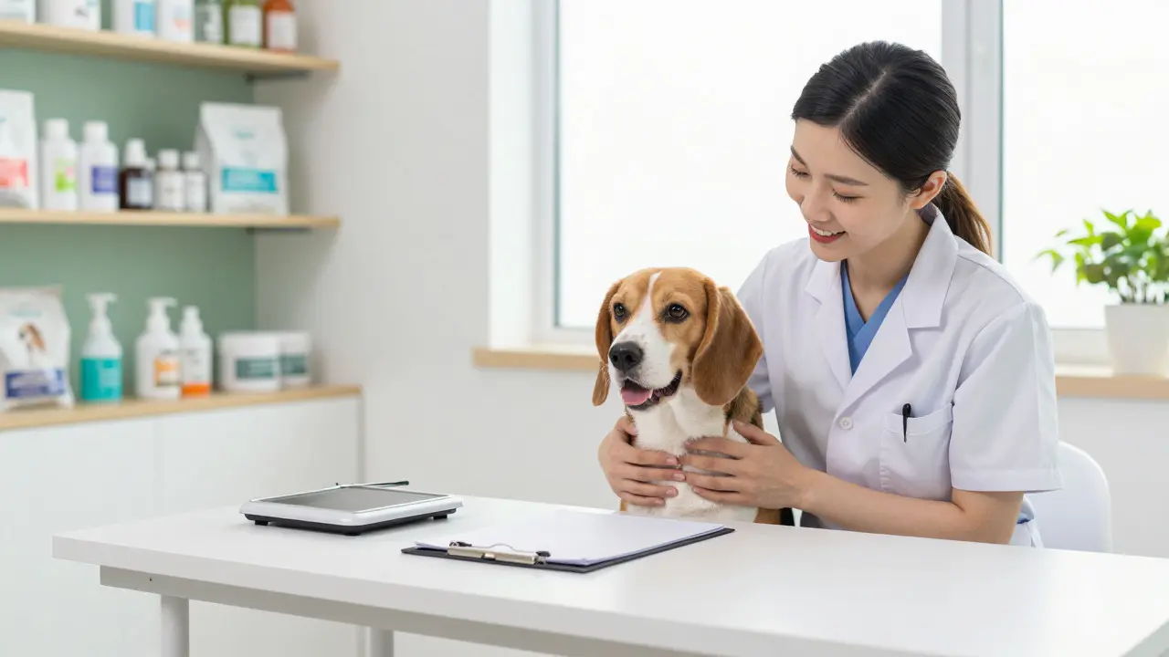 Veterinář vyšetřuje klidného beagle na stůl v ordinaci