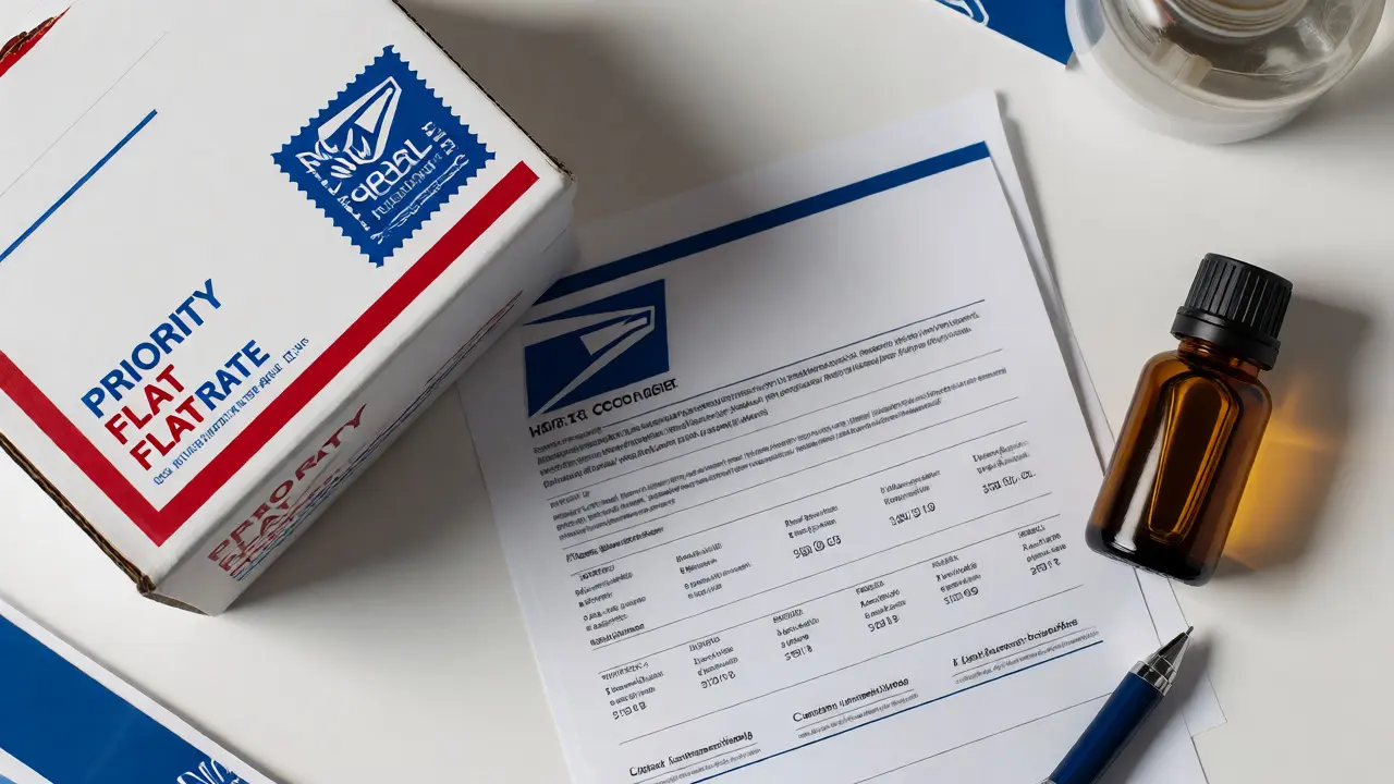 Balík USPS vedle laboratorního certifikátu analýzy a lahvičky CBD oleje na stole.