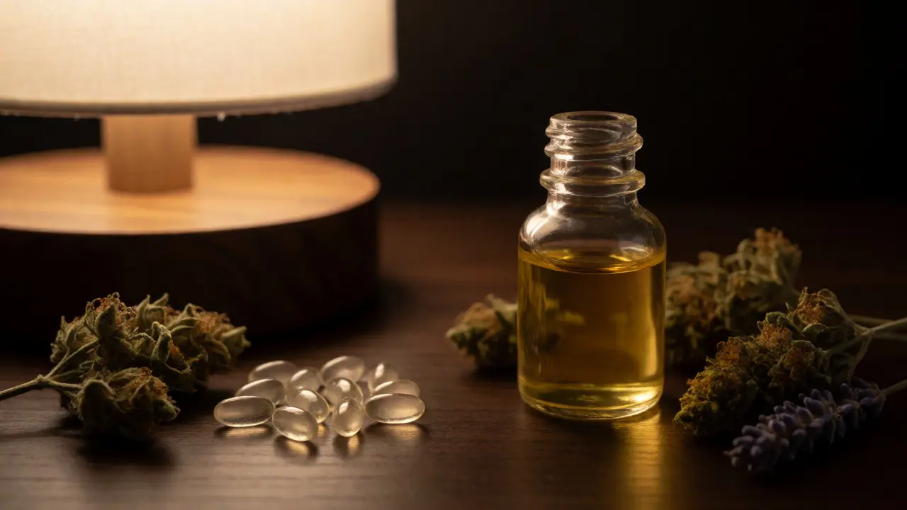 Doplňky stravy melatonin a olej CBN na nočním stolku při tlumeném světle.