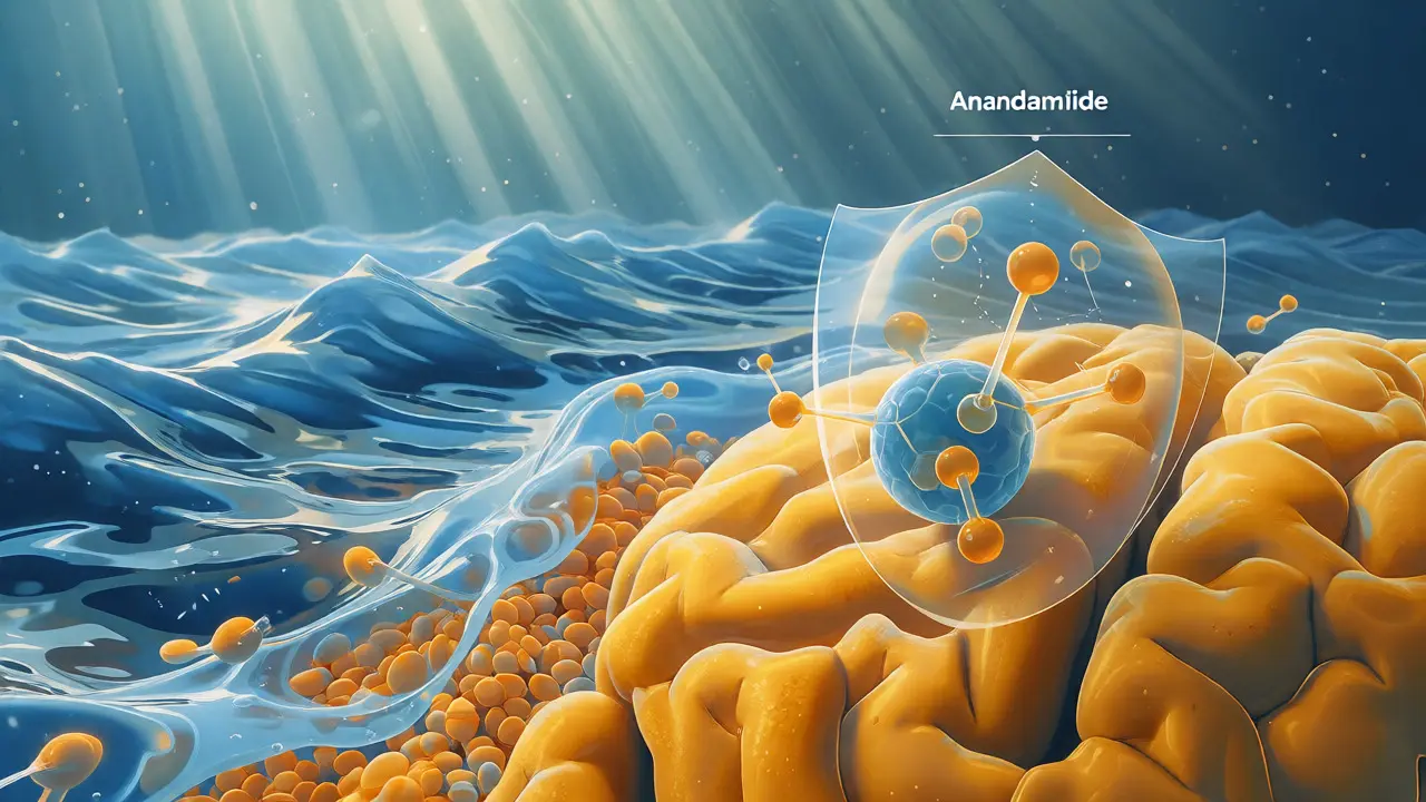 Konceptuální ilustrace mozku jako klidné krajiny s vlnami serotoninu a molekulou anandamidu.