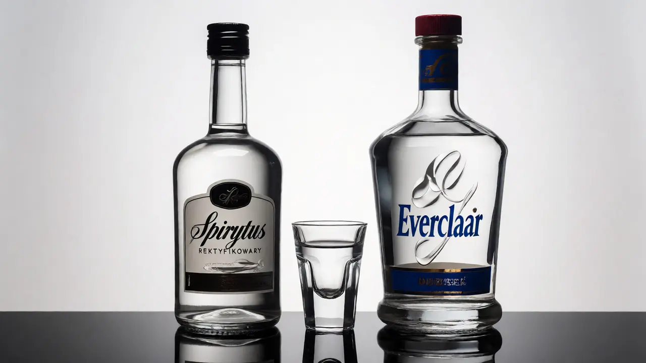 Lahve silného alkoholu Spirytus a Everclear na černém pozadí