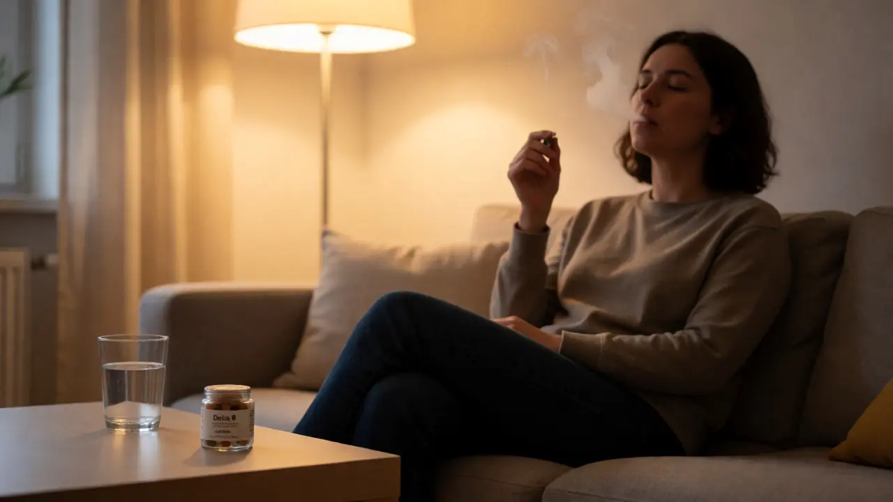 Osoba relaxující doma s konopným jointem a vedle ležícími gummies