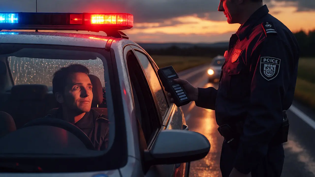Policista kontroluje řidiče při zastávce na silnici