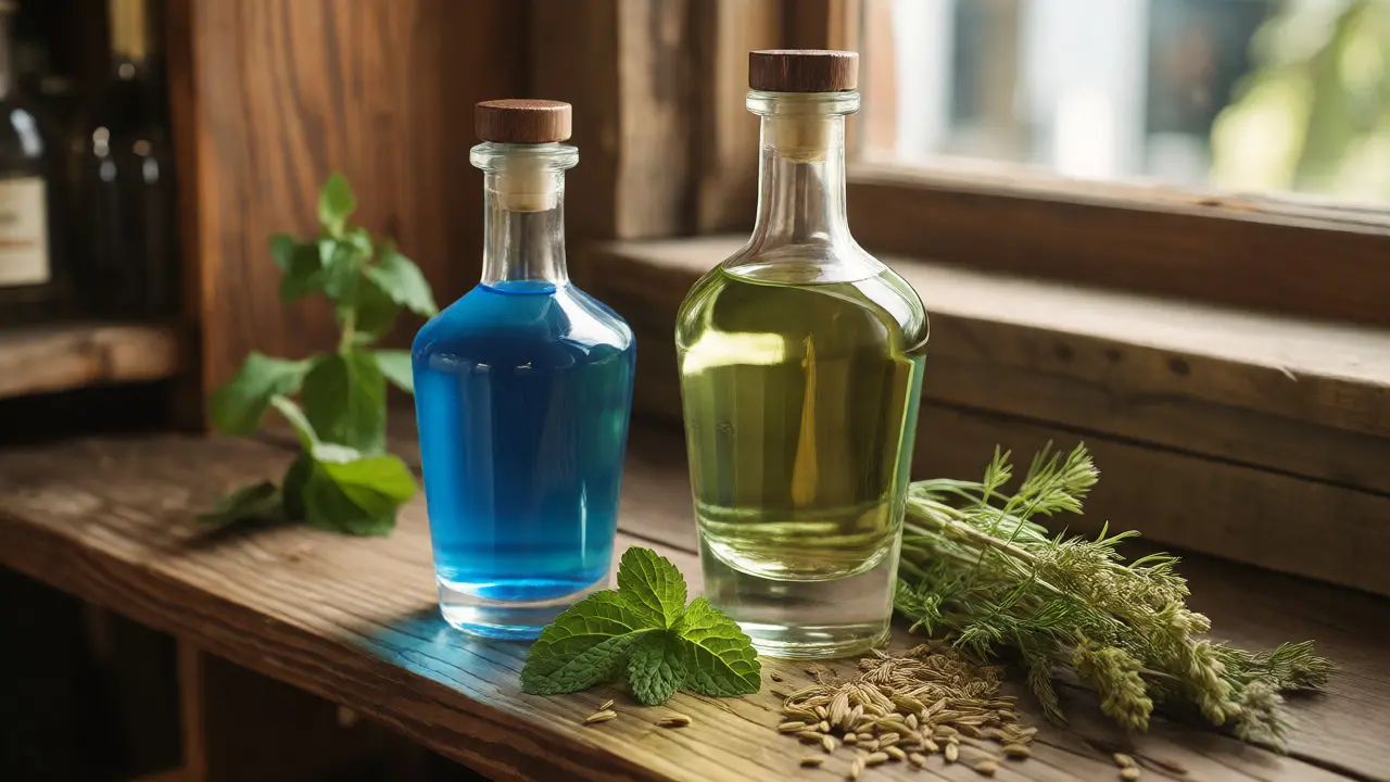 Porovnání lahví s umělým a přírodním absintem vedle čerstvých bylin