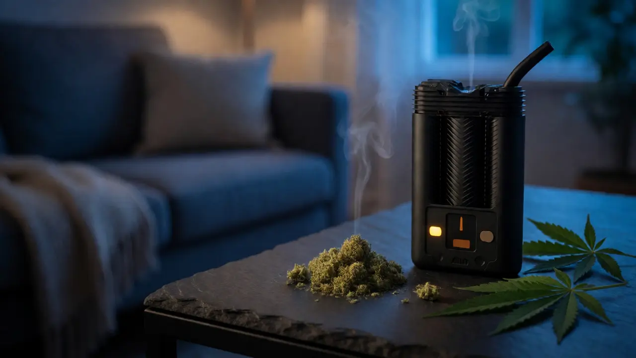 Přenosný vaporizér a sušené CBD květy na tmavém povrchu s párou