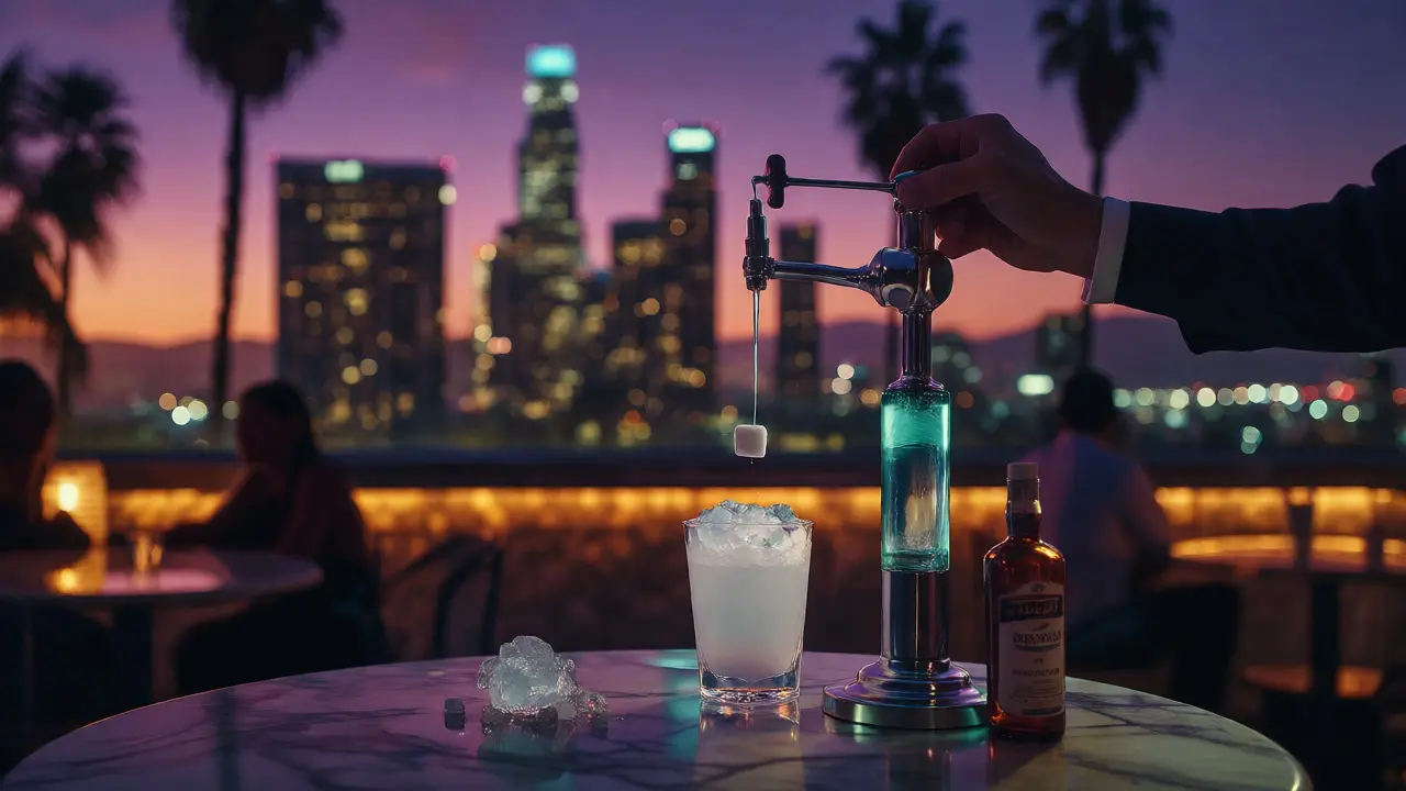 Příprava absintu na střešním baru v Los Angeles za soumraku