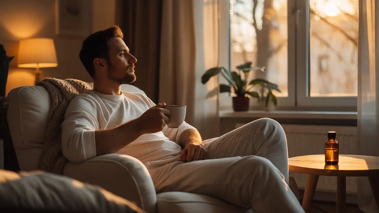 Relaxovaný muž v obýváku s CBD olejem ve slunečním světle