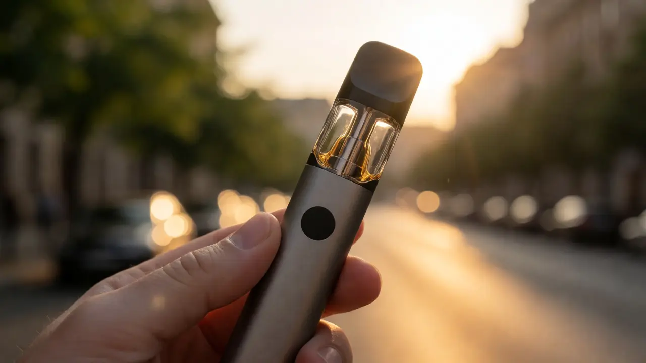 Ruka vkládající kousek průhledného CBD shatteru do moderního vaporizéru za slunečného dne