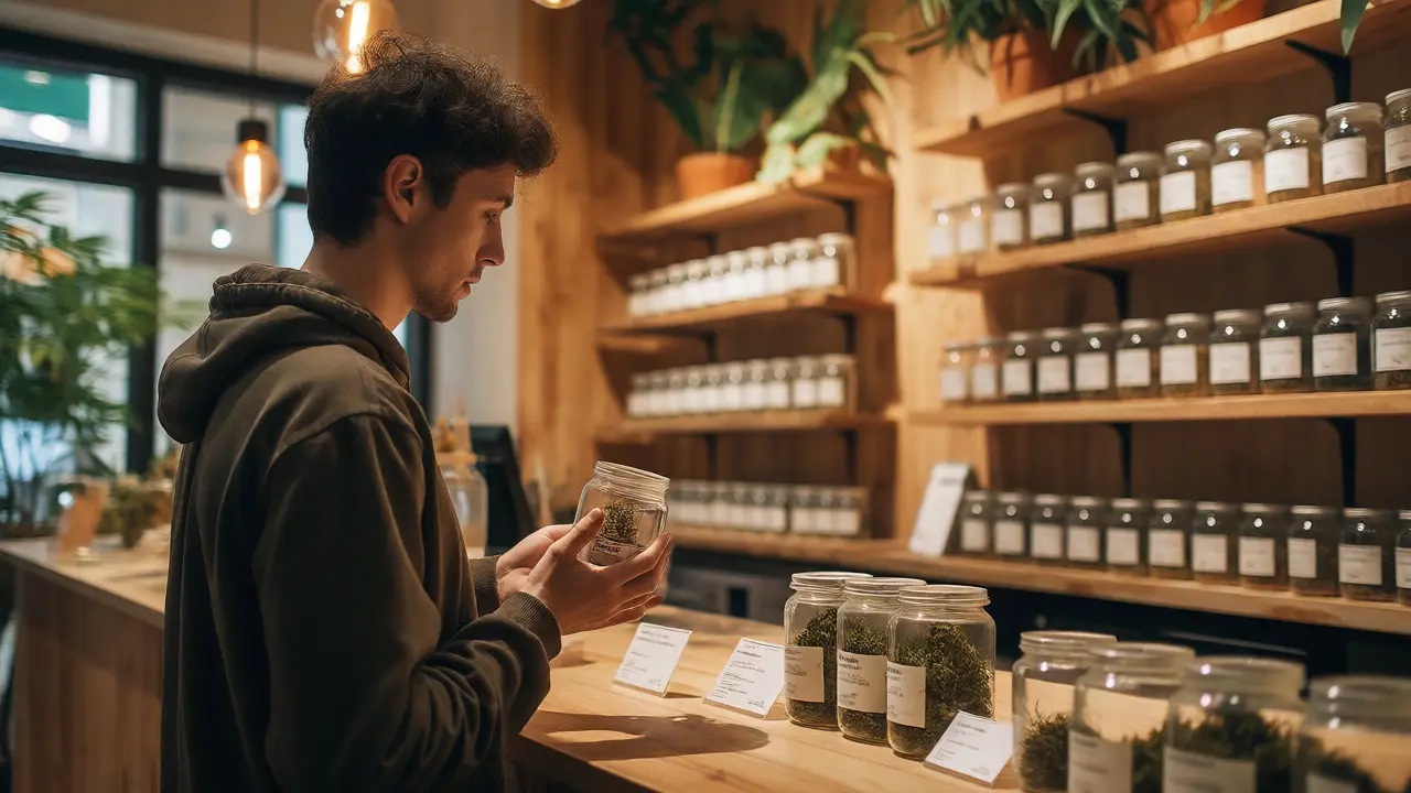 Zákazník v lékárně s konopnými produkty zvažuje nákup HHC květů