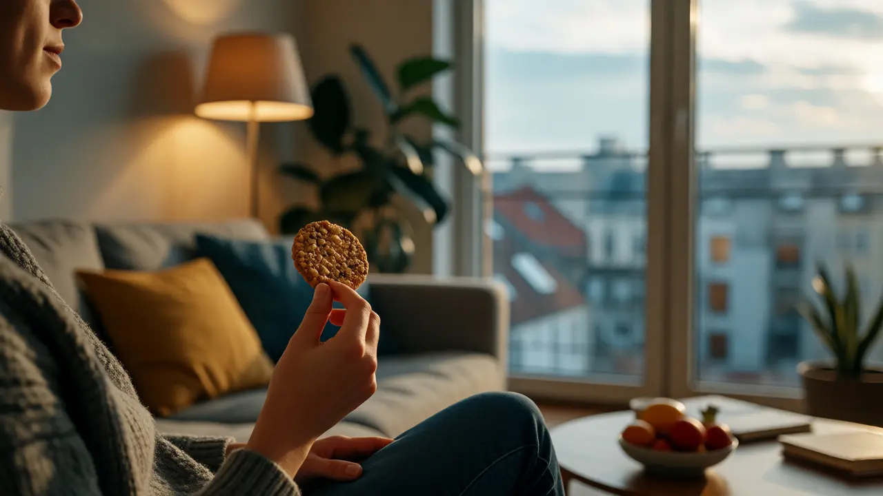 Člověk relaxující v obýváku s konopnou sušenkou a výhledem do města