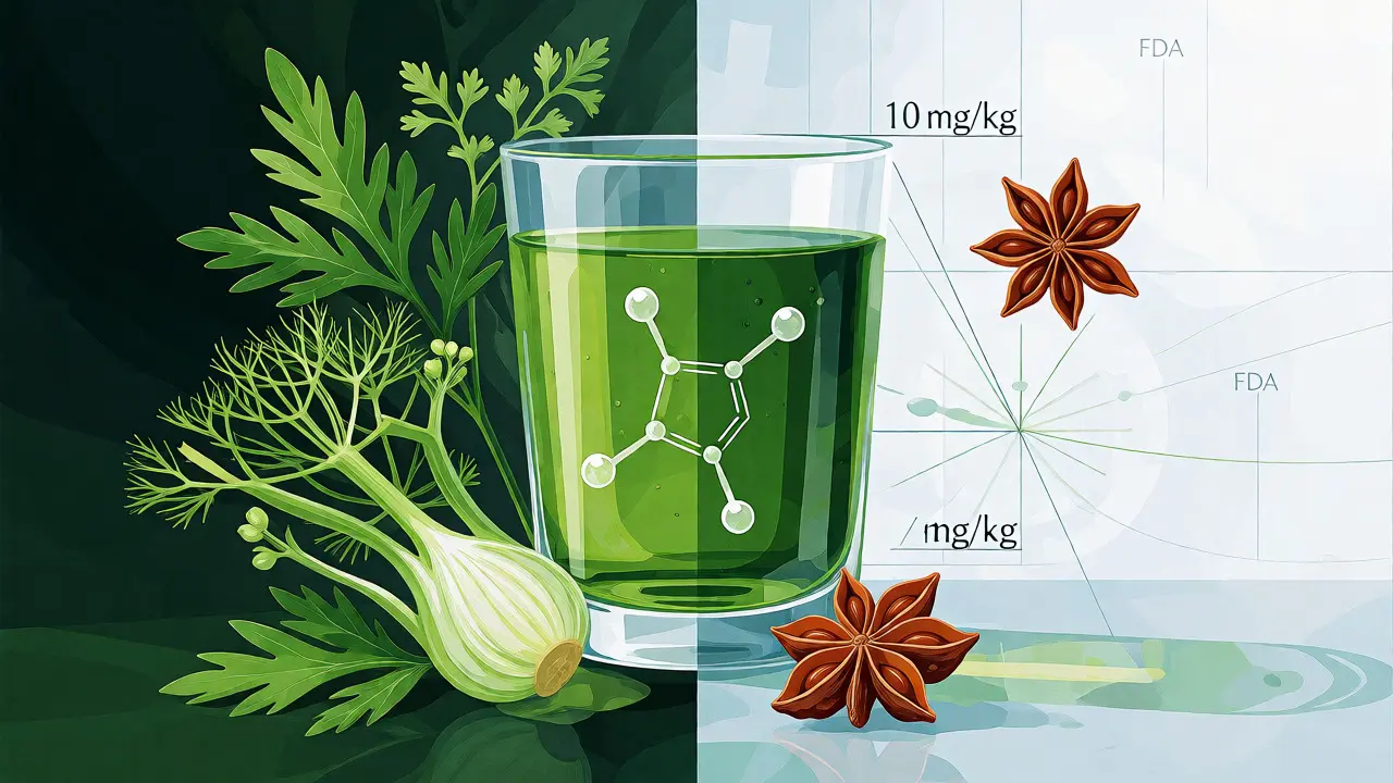Konceptuální ilustrace spojující bylinky a chemickou regulaci thujonu
