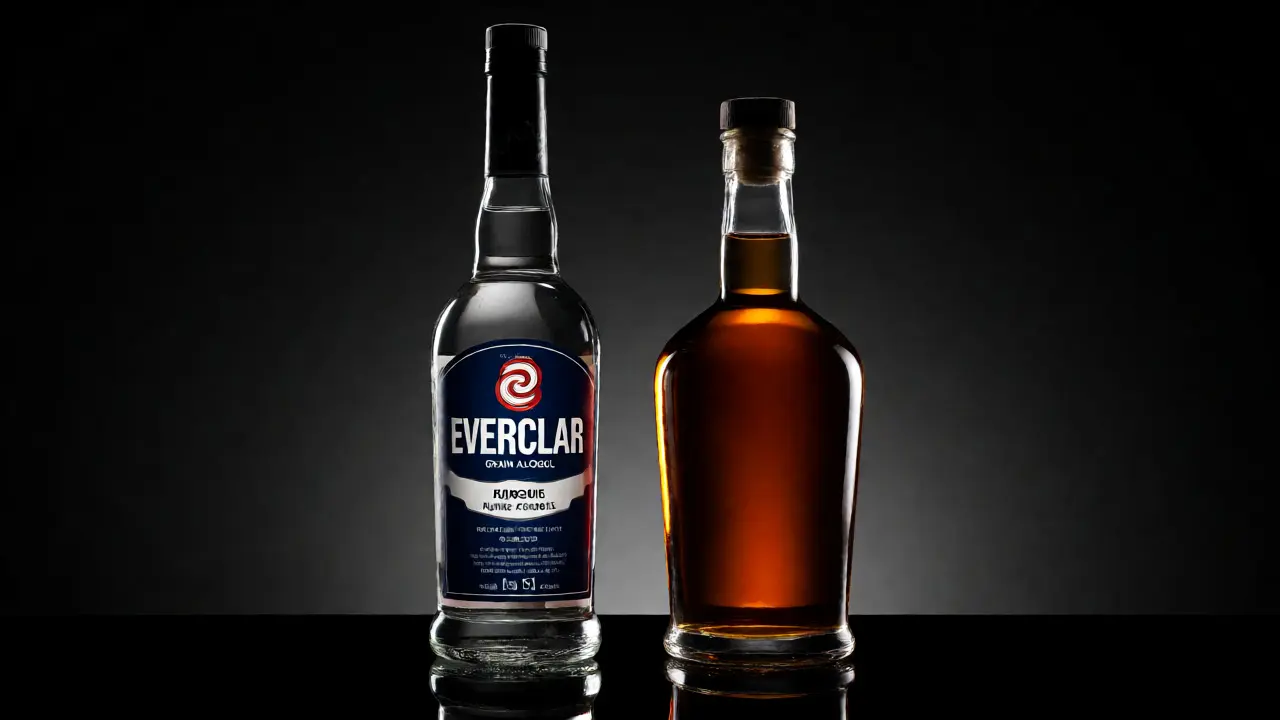 Láhev Everclearu a Rumu 151 vedle sebe na černém povrchu