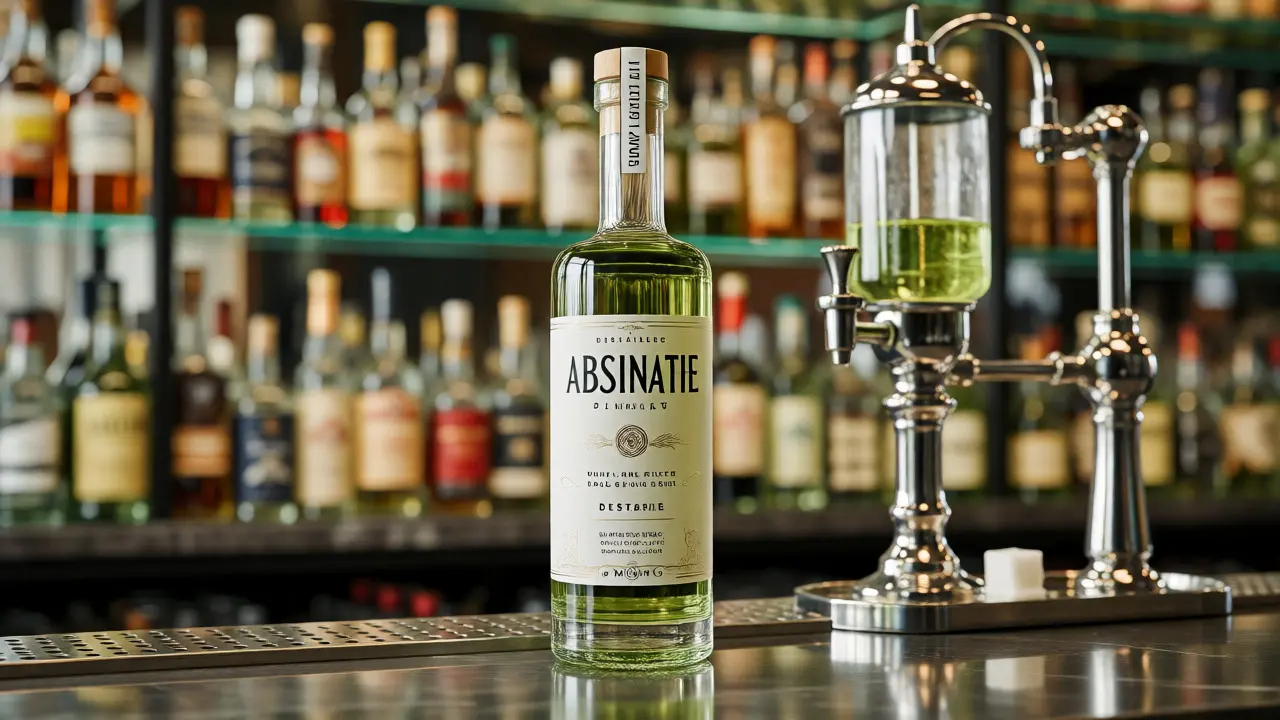 Láhev kvalitního destilovaného absintu na pultu v americkém obchodě