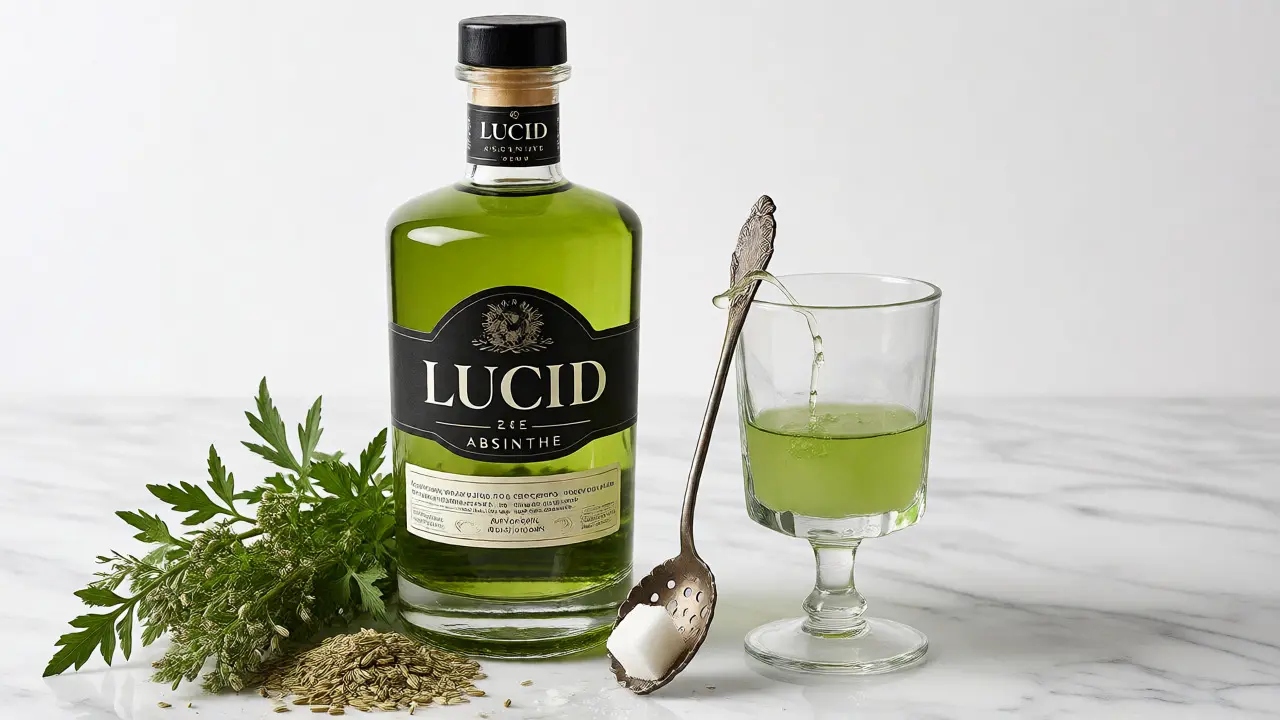 Láhev Lucid Absintu s bylinkami a rituálem louche efektu