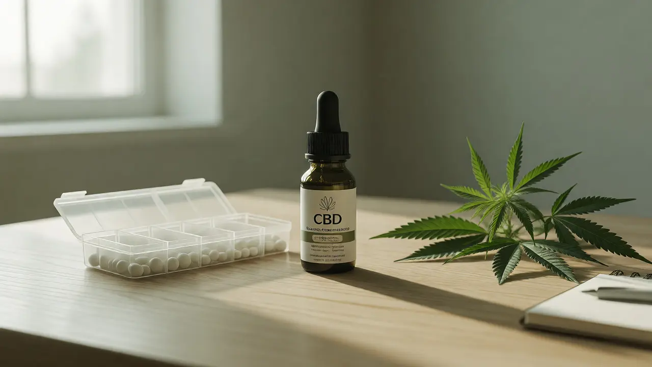 Lahvička CBD oleje vedle léků na dřevěném stole